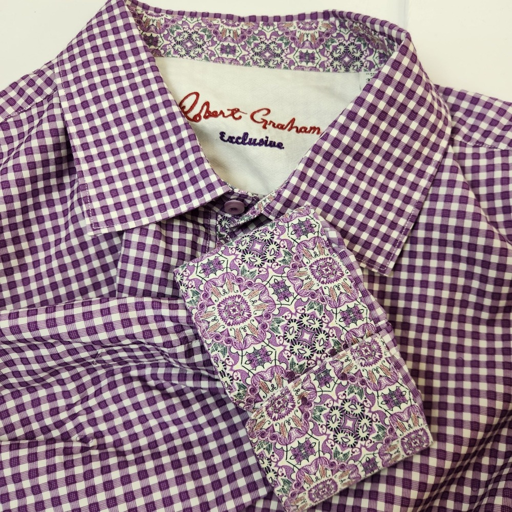 Robert Graham Exclusive Classic Fit Purple Gingham Button Up Shirt 3XL Flip Cuff - Picture 1 of 7